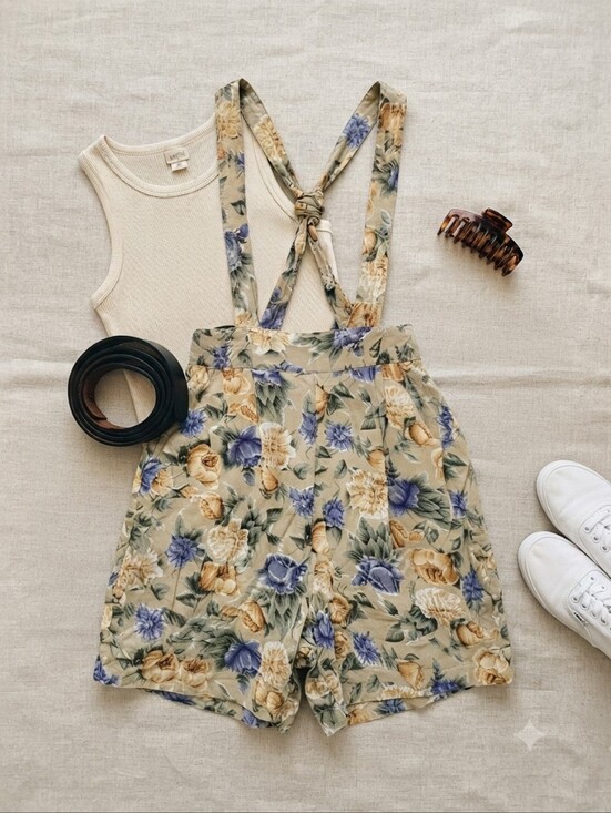 equation Pants - Vintage Deadstock Equation Tan Floral Print Overall Shorts